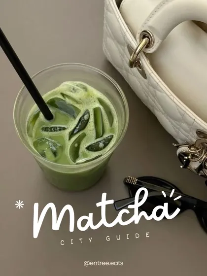 This "Matcha City Guide" cover shot captures the essence of a trendy cafe moment. The iced matcha, designer bag, and sunglasses create a stylish, aspirational lifestyle image that's highly relatable for its target audience.