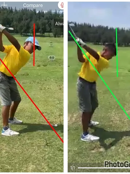 The top of the swing comparison. We worked on preventing the club from getting laid off, which you can see in the "after" image.