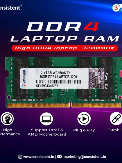 Instantly boost your laptop's performance with our 16GB DDR4 RAM module. Running at 3200MHz, this RAM stick enables smoother multitasking, faster application loading, and a lag-free experience for work and gaming, backed by a 3-year warranty.