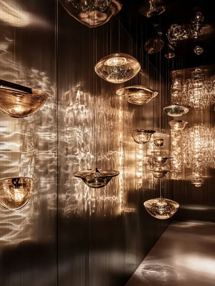 Here, you can see the intricate beauty of hand-blown glass fixtures and the captivating way they play with light. The reflections and refractions create a dynamic, water-like effect on the walls, turning a simple surface into a canvas of light.