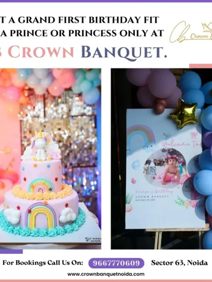 A dream-come-true unicorn and rainbow birthday. This collage shows the custom multi-tiered cake and a personalized welcome sign, highlighting our attention to detail for themed parties.