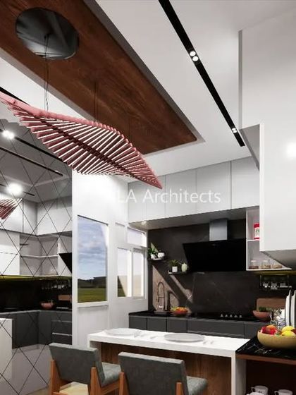 A kitchen render for our Bannerghatta project, showcasing a breakfast counter, dark countertops, and unique parametric-style pendant lights.