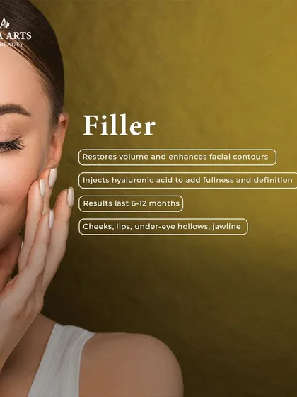 This graphic details the role of fillers. They use hyaluronic acid to restore volume, enhance contours, and provide results that last 6-12 months.