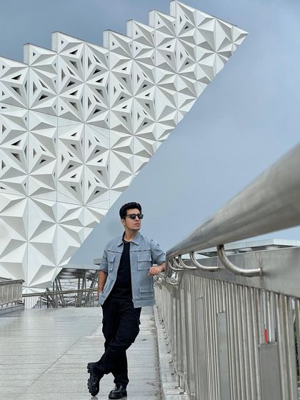 A wide shot capturing the full modern look I styled for Gagan Arora's appearance as a tech influencer for Vivo.