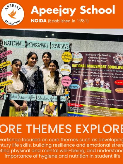 The MINDSMART 2025 workshop focused on core themes like developing 21st-century life skills, building resilience, and promoting well-being. Our students stand proudly by a display that outlines the key areas of this empowering program.