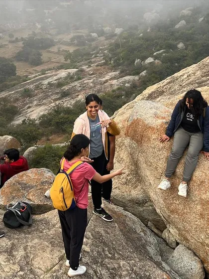 A candid moment of friends chatting and enjoying the view on the Antaragange trail.