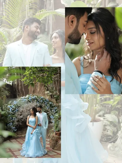 A collage capturing the love between the couple at their pastel blue themed brunch. The decor, featuring a beautiful floral arch, provided the perfect romantic backdrop for their pre-wedding photoshoot.
