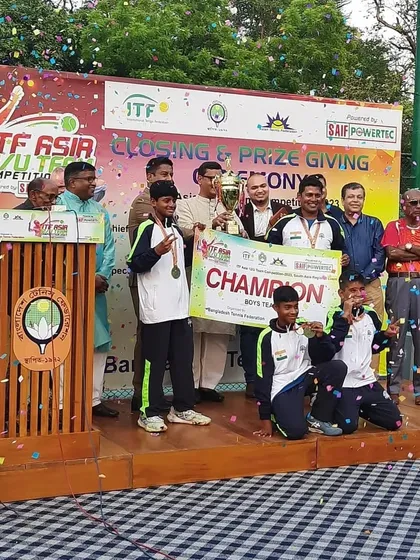 The winning moment on stage in Bangladesh. Team India, with our player Rishikesh Mane, being crowned champions of the South Asia ITF Under-12 tournament. These are the moments we train for.