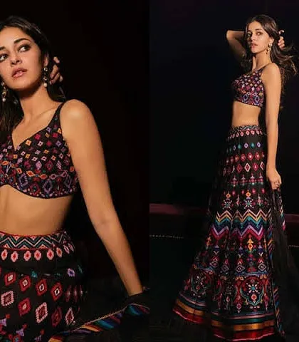 A modern lehenga featuring a multi-colored geometric pattern. If you are looking for something unique and eye-catching, we can help you design and stitch it from scratch.