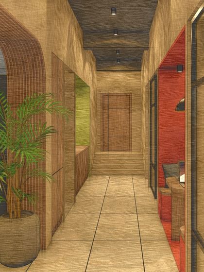 A render-to-reality comparison of the corridor, demonstrating the faithful execution of the design concept.