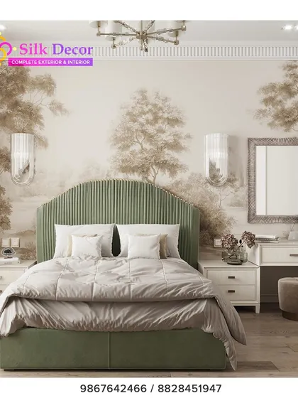 An elegant bedroom featuring our custom bed with a vertically-fluted headboard in a calming sage green fabric. The design adds height and texture to the room, coordinating beautifully with the nature-themed wallpaper to create a tranquil atmosphere.