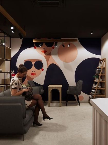 This render of the waiting area for the 'Her Highness' concept includes a bold, graphic mural and modular shelving. It showcases how I blend art and functional design to create a unique and engaging space.