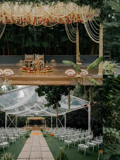 A collage showing the mandap and the overall venue setup, emphasizing the harmony between the decor and the lush, green surroundings of the farmhouse venue.