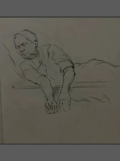 A gesture sketch in graphite titled "आरामखुर्ची" (Armchair), capturing the relaxed posture of the model.