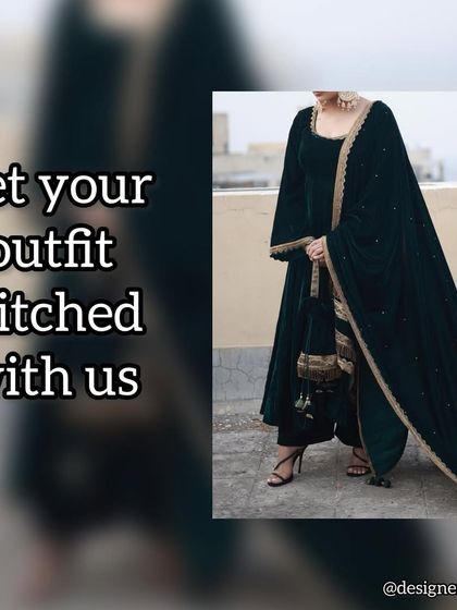 A client wearing a beautiful dark green velvet Anarkali suit with gold detailing. We can stitch your perfect outfit for any occasion.