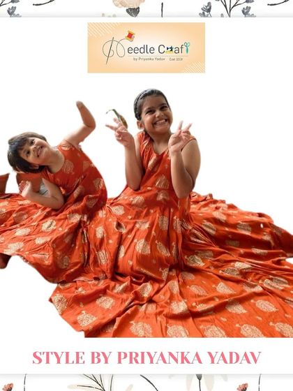 These two sisters are ready for fun in their matching orange printed dresses. I designed these with a wide, flowing skirt, making them perfect for twirling and playing during any festive family event. Image 11 shows a solo shot of the same design.