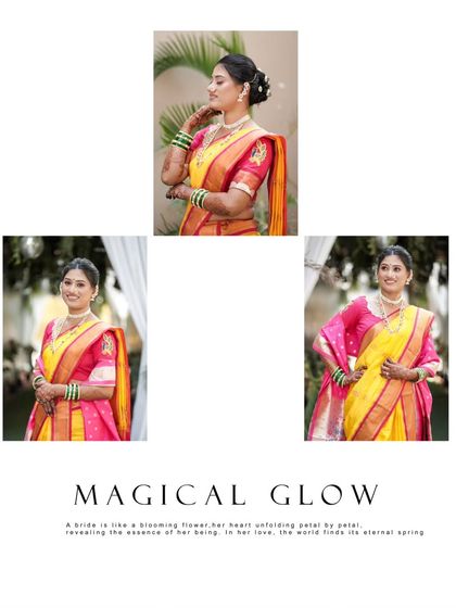 A "Magical Glow" collage, showcasing the bride's beauty and comparing her to a blooming flower.
