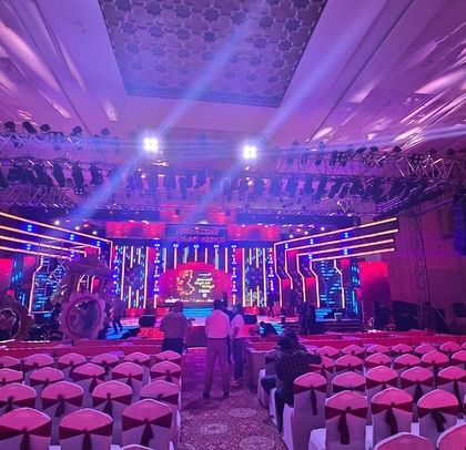 A full view of the auditorium setup for the Prajavani Cine Awards. The combination of our stage design, lighting truss, and seating arrangement transformed the venue into a high-end awards show environment.
