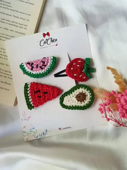 Our crochet fruit clips are a healthy dose of fun for your hair! This set includes watermelon, strawberry, and avocado designs.
