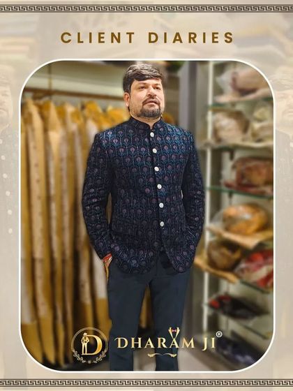 A client looking sharp in a patterned blue Jodhpuri jacket. He looks comfortable and confident, ready for any celebration.