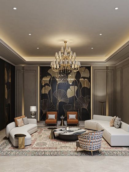 This concept shows a formal living room with a dramatic black-and-gold ginkgo mosaic wall. The curved sofas soften the space, creating an interesting dialogue between bold art and modern furniture.