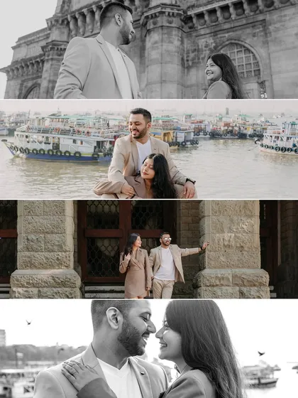 A series of portraits taken at the Gateway of India in Mumbai. This collection mixes color and black and white to create a timeless feel, capturing the couple's interactions against the iconic monument.