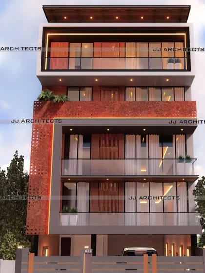 A facade design that uses a red brick jaali (perforated screen) as a key feature. This traditional element is given a modern twist, providing privacy and ventilation while creating a strong visual statement.