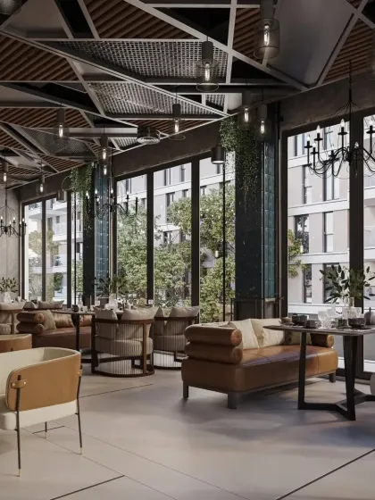 A view of the restaurant's seating area by the large, floor-to-ceiling windows. The design combines industrial elements like the exposed ceiling with classic touches like the black chandelier.