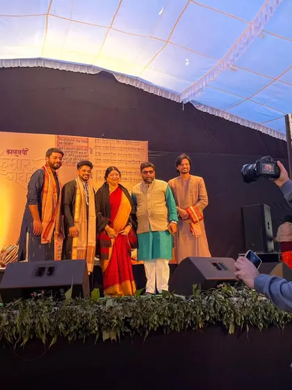 A moment from the 'Kalajayi' festival in Dewas, on stage with Bhuvanesh Komkali and other artists, celebrating the legacy of Pt. Kumar Gandharva.