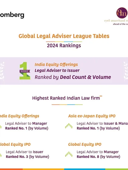 Bloomberg's 2024 Global Legal Adviser League Tables ranked us as the number one legal adviser to issuers for India Equity Offerings, highlighting our dominance in capital markets transactions.