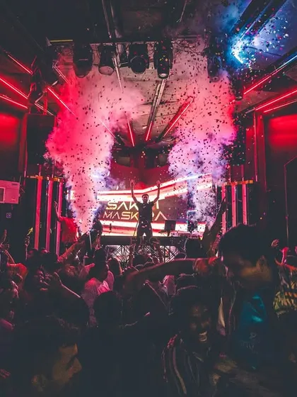A packed club, hands in the air, and the CO2 cannons firing right at the drop. This shot from a night at Flo in Bangalore perfectly captures the explosive energy of my club sets.
