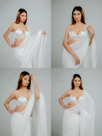 A four-image collage from the same high-key studio session. This demonstrates how we can capture a variety of poses, from powerful stances to softer, more candid moments, all within one cohesive look.