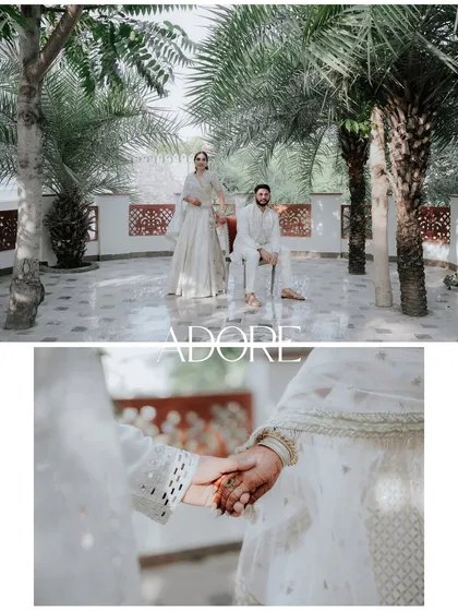 A two-part image that pairs a full-length portrait with a close-up of the couple holding hands. This composition highlights both the grander picture and the intimate details of their connection.