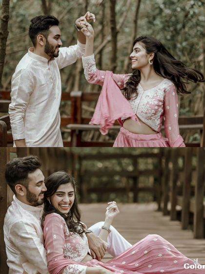 A simple two-photo collage capturing a candid dance and a relaxed seated pose on a wooden bridge.