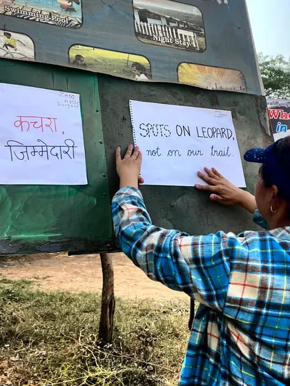 "Spots on leopard, not on our trail." A volunteer puts up a powerful reminder during our Aravalli cleanup drive. Our natural trails are home to wildlife and it's our responsibility to keep them clean.
