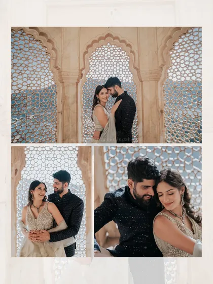 Intimate portraits of Navi and Diljot framed by the iconic jali windows, a classic shot for any royal-themed pre-wedding shoot in Jaipur.