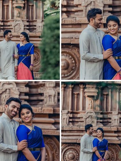 A four-panel collage showing the couple's sweet interactions during their traditional shoot, capturing their smiles and loving glances.