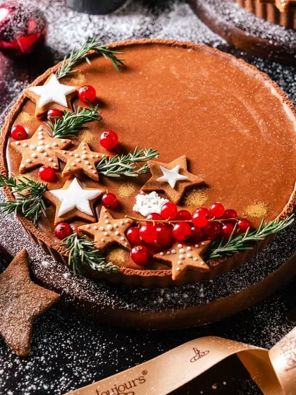 The full Christmas Tart, beautifully decorated with gingerbread stars, fresh rosemary, and redcurrants. It's a stunning centerpiece for any festive dessert table.