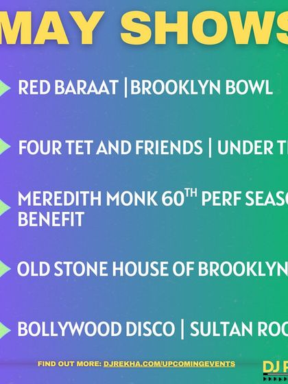 A look at my packed schedule for May, including gigs at Brooklyn Bowl, Under the K Bridge with Four Tet, and The Sultan Room. It shows the variety of venues I play.