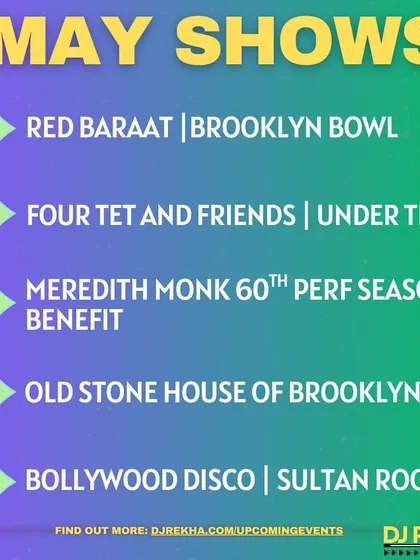 A look at my packed schedule for May, including gigs at Brooklyn Bowl, Under the K Bridge with Four Tet, and The Sultan Room. It shows the variety of venues I play.