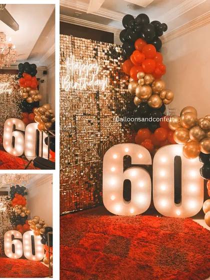 A collage showcasing the 'Golden Era' 60th birthday decor. The gold shimmer wall, marquee numbers, and red carpet create a true movie premiere vibe.