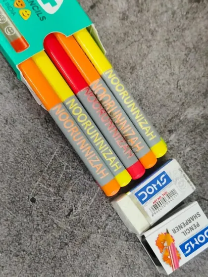 Personalized stationery is great for kids. This set of Doms pencils is engraved with the name 'Noorunnizah' to make sure they never get lost at school.