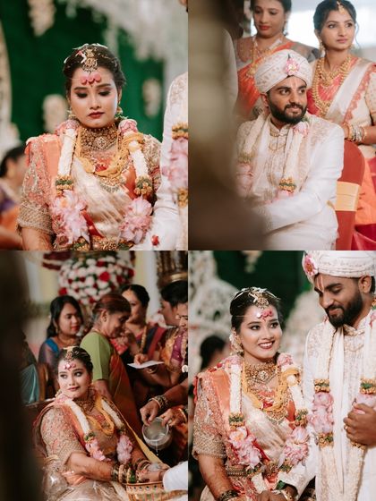 A collage of candid moments from the wedding ceremony. From serious rituals to shared smiles, we capture the full range of emotions of the bride and groom.