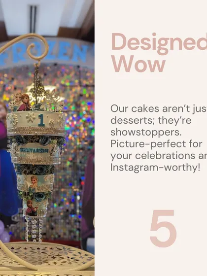 My cakes are designed to be showstoppers. This graphic showcases a Frozen-themed chandelier cake, highlighting how I create picture-perfect, Instagram-worthy centerpieces for your most important celebrations.