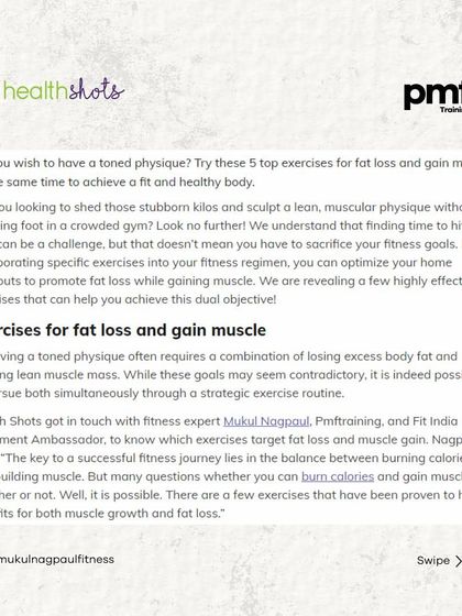 This Health Shots article features my top 5 exercises to boost fat loss and muscle gain at the same time. It covers compound movements like squats, push-ups, and deadlifts.