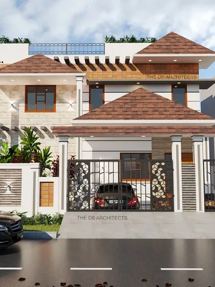 This 3D elevation for Mr. Abhishek's residence shows a contemporary take on Kerala-style architecture. The design uses sloping clay tile roofs and strong massing to create a dominant and elegant tropical villa.