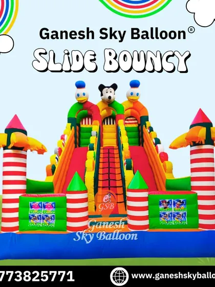 This graphic showcases the vibrant design of our slide bouncy. It features multiple lanes for sliding and a fun, character-filled theme that children love.