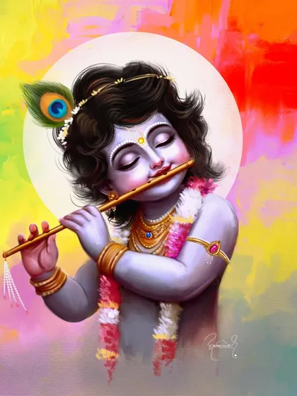 A vibrant digital painting of Bal Krishna, lost in the melody of his flute. I used a colorful, festive background to capture the joy and divine love that he represents, making it perfect for Janmashtami celebrations.