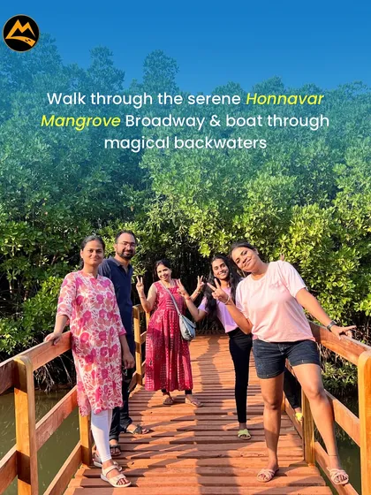Our group enjoying a walk on the Honnavar Mangrove Broadway, a beautiful wooden walkway through the serene mangrove forest.