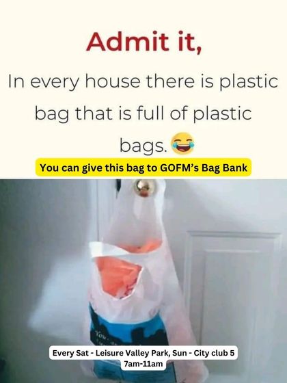 A meme encouraging people to donate their extra plastic bags to the GOFM Bag Bank.